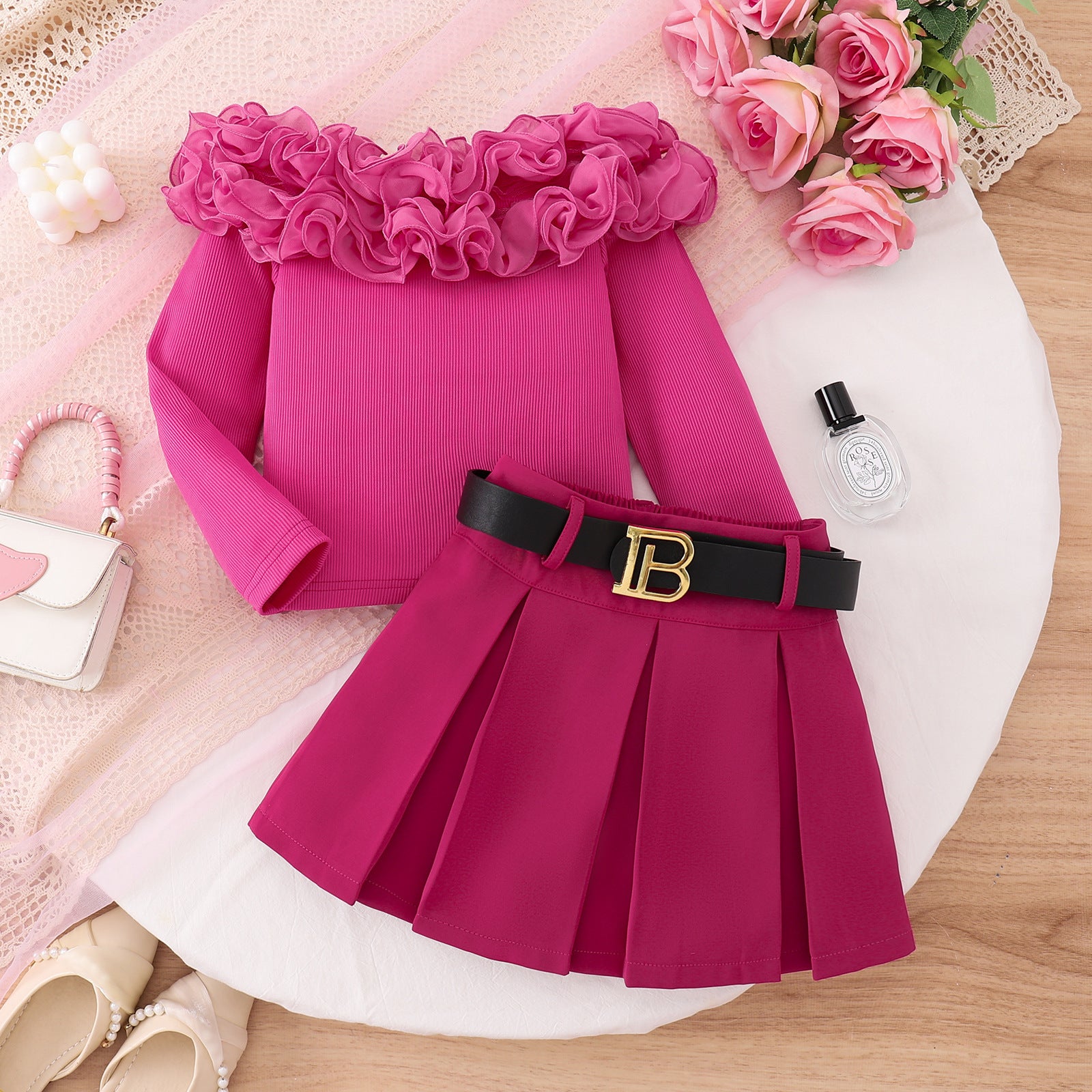 Parisian Grace | Girls 3-D Lace Top & Pleated Skirt 3-Piece Set