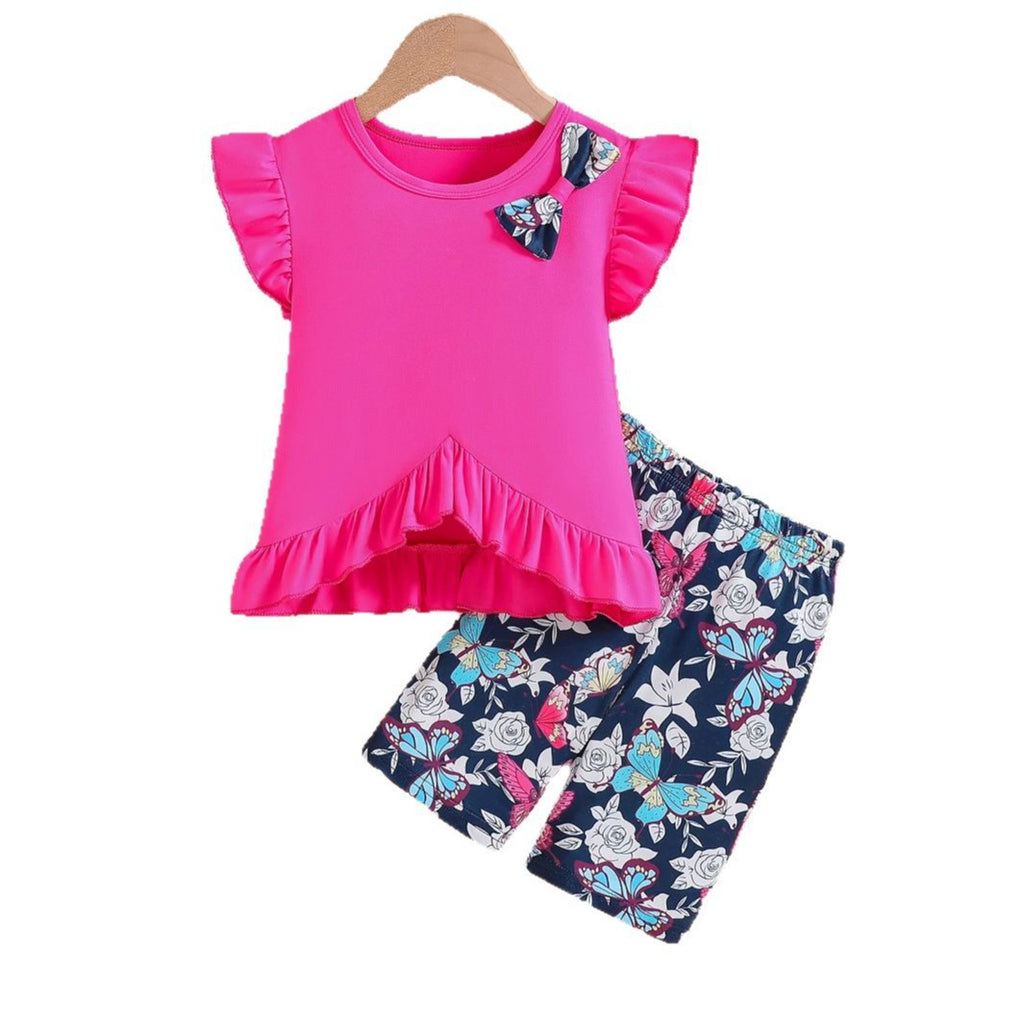The Petal-Pop | Girls’ Summer Bow & Flower Full-Print Flying Sleeve Set