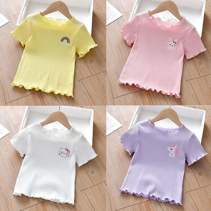Girls Ice Silk Short Sleeve T-Shirt - Cute Embroidered Summer Lettuce Edge Top