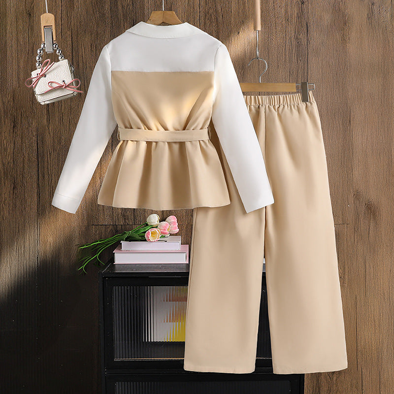 Girls Contrast Color Two Piece Set | Spring Long Sleeve Top + Casual Pants