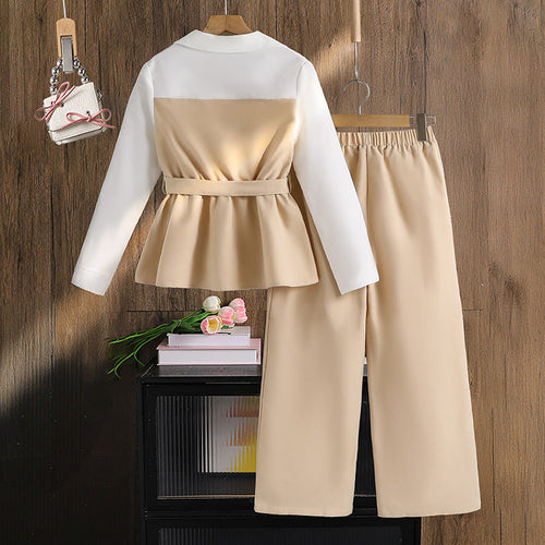 Girls Contrast Color Two Piece Set | Spring Long Sleeve Top + Casual Pants