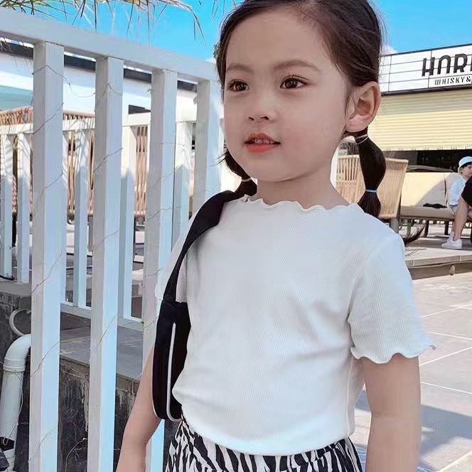 Girls Ice Silk Short Sleeve T-Shirt - Cute Embroidered Summer Lettuce Edge Top