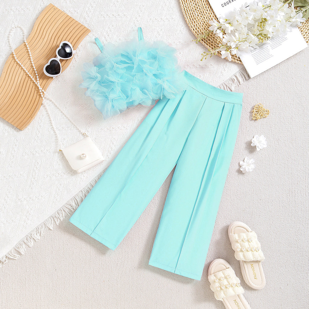 Runway Luxe | Girls 3-D Flower Strapless Top & Slim Suit Pants Set