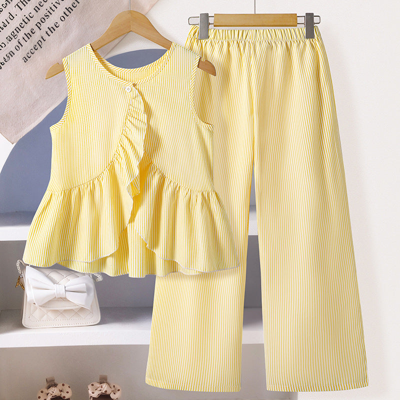 Urban Sailor | Girls Striped Ruffle Top & Wide-Leg Pants Summer Set