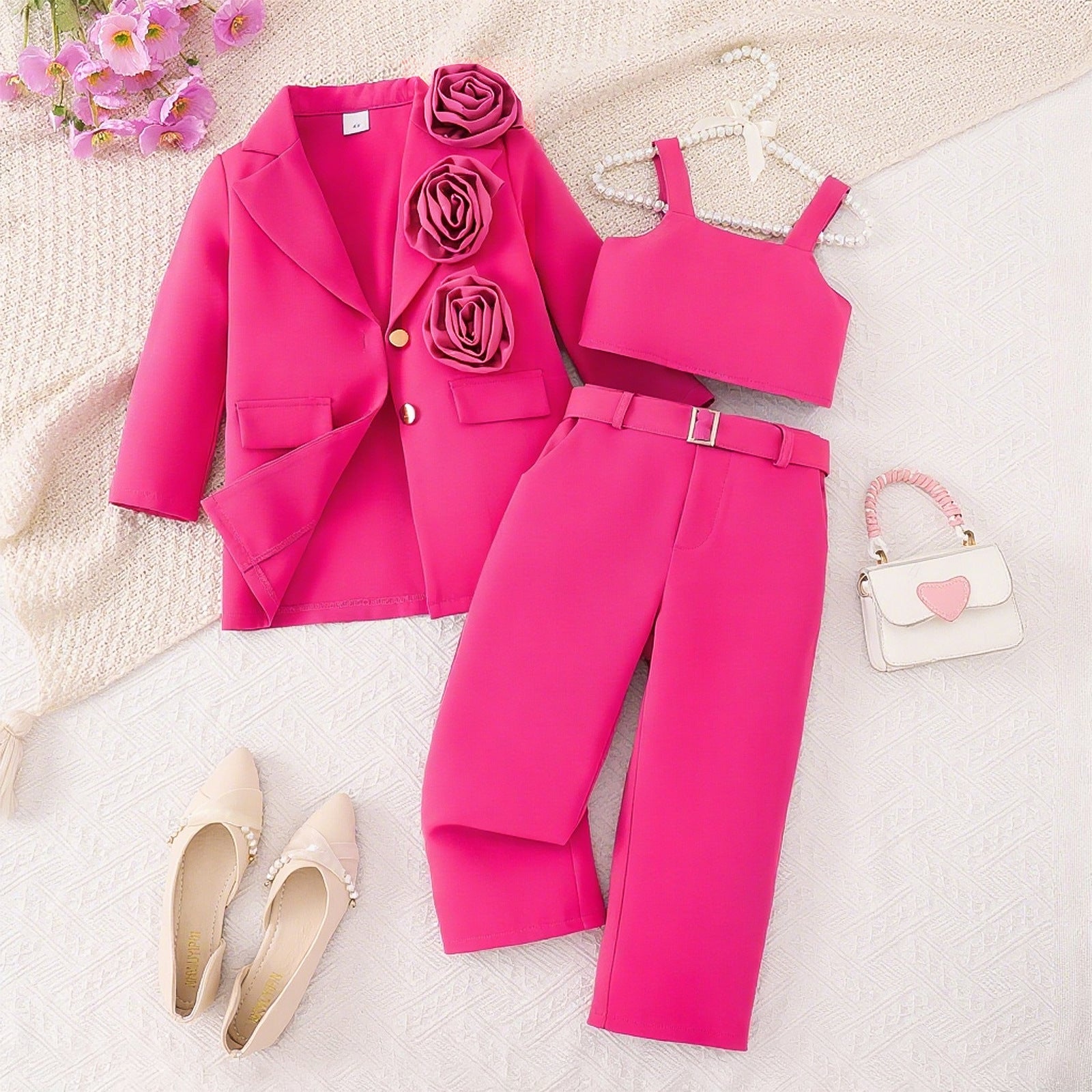 Winter Velvet | Girls 3-D Floral Blazer, Camisole & Trousers Multi-Piece Set
