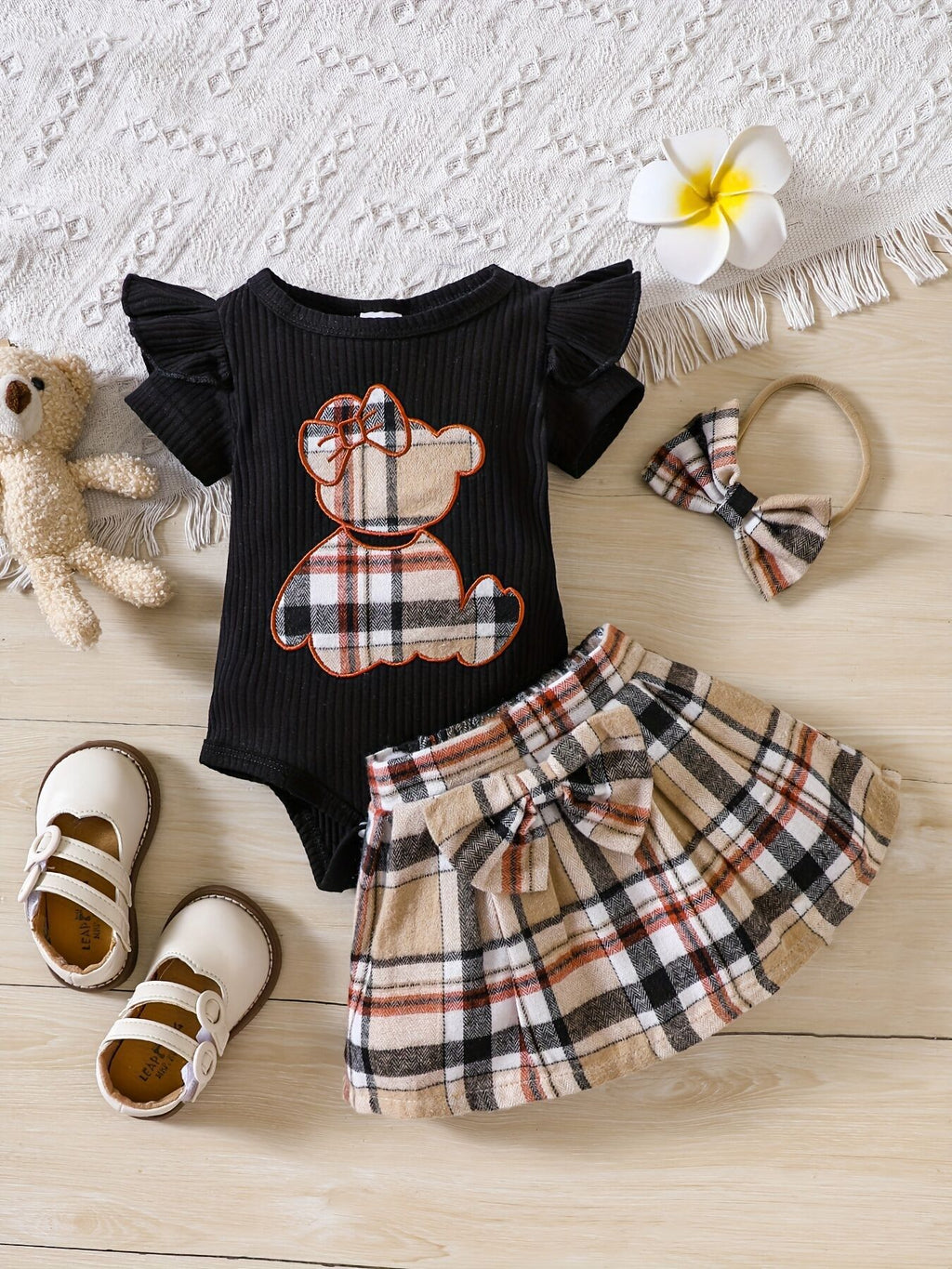 The Picnic Sweetheart | Newborn Baby Girl Plaid Skirt & Bear Romper Set