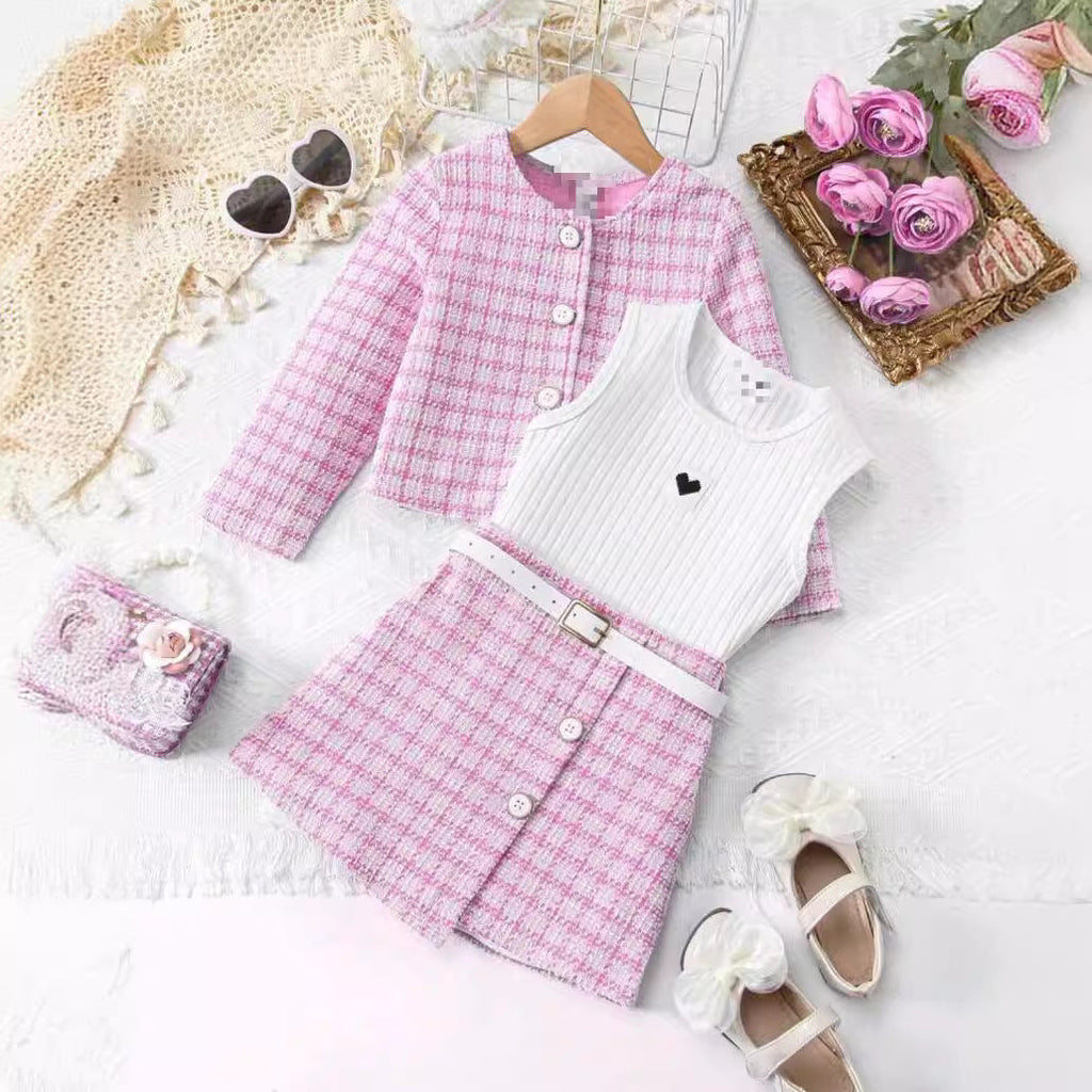 Girls Western Style "Small Fragrant" Plaid Set - Long-Sleeve Jacket, Vest Dress & Belt