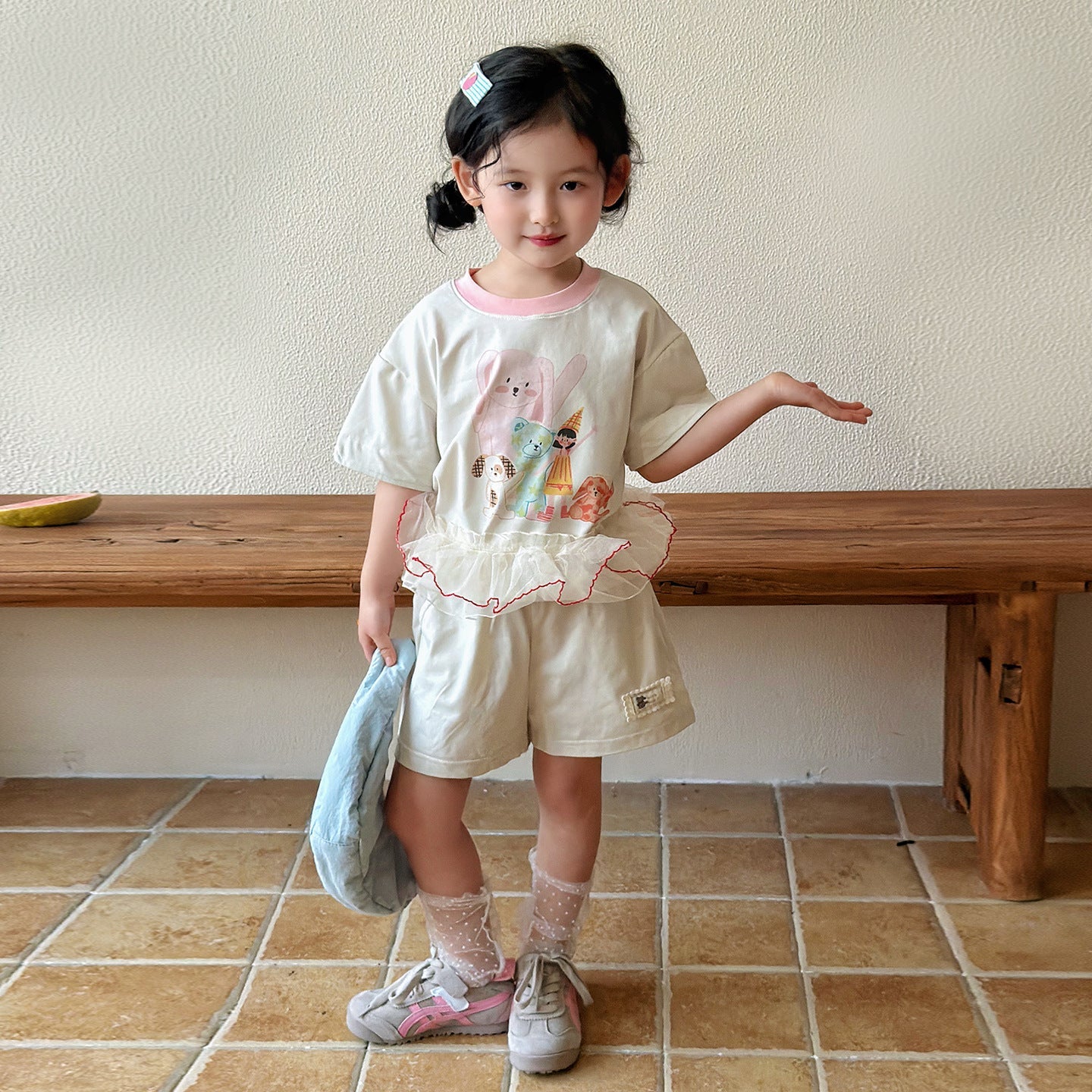 Girls Korean Style Short-Sleeve - Breathable Summer Fashion Shorts Set