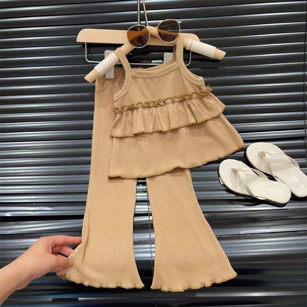 Girls Ice Silk Suspender & Flare Pants Set - Summer Two-Piece Outfit