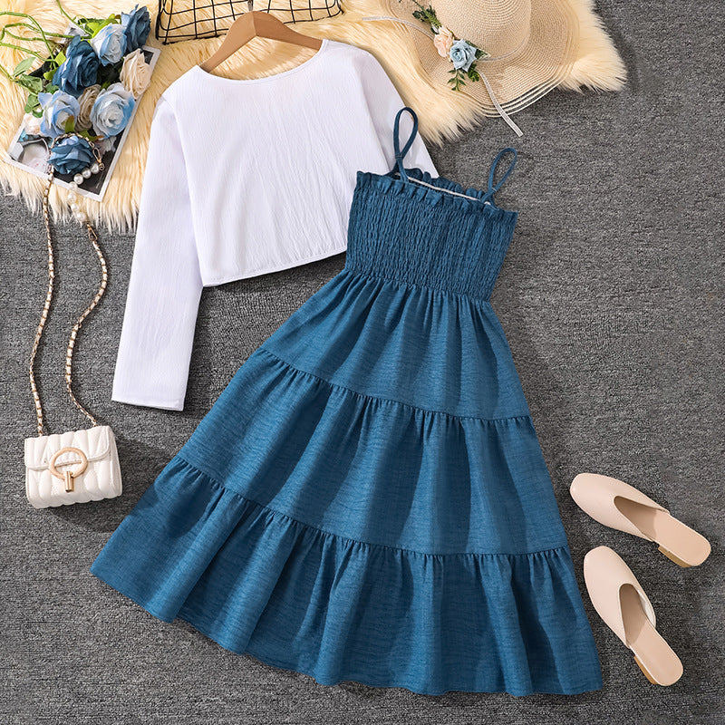 Girls Sweet Suspender Dress with Long Sleeve Jacket | Spring Two Piece Set