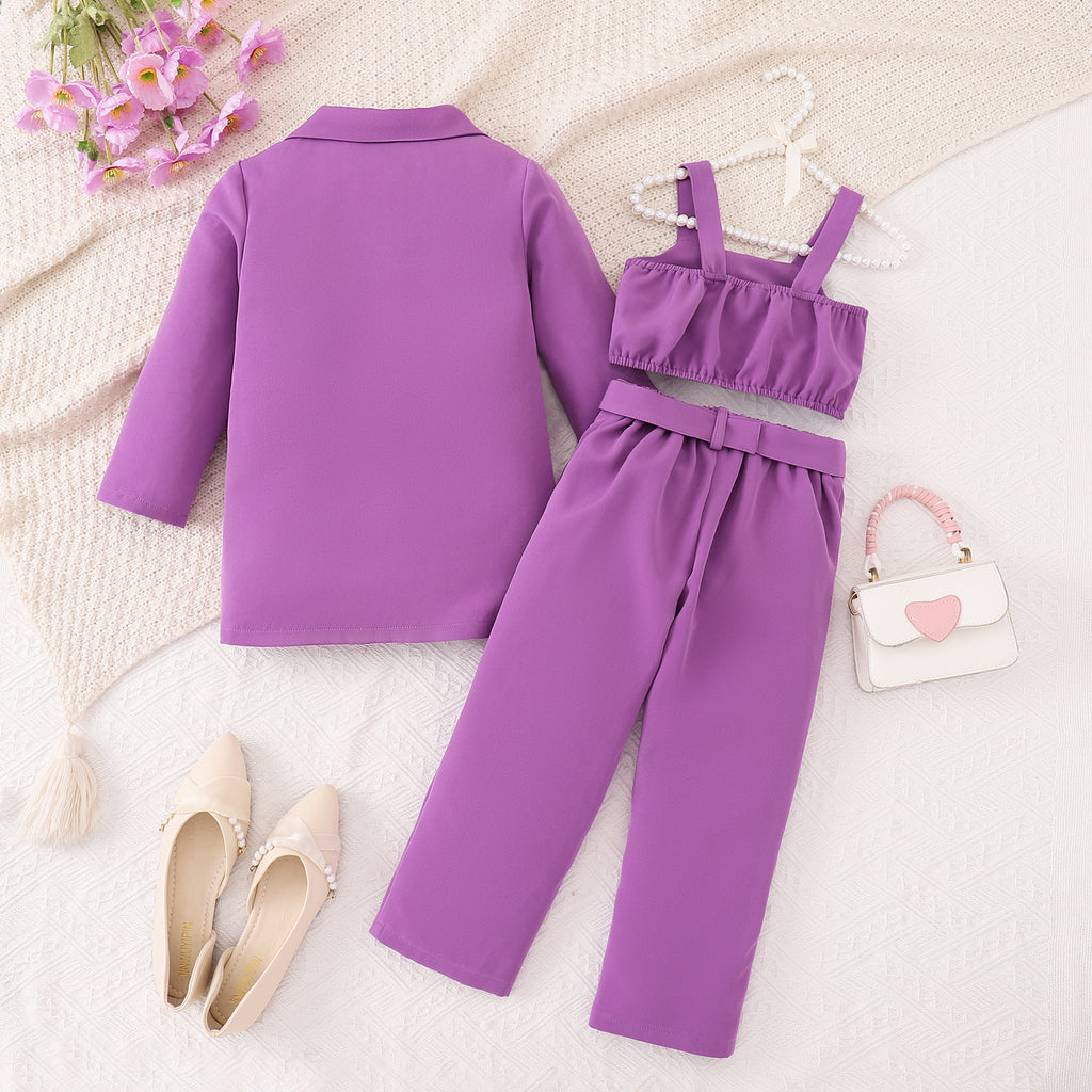 Winter Velvet | Girls 3-D Floral Blazer, Camisole & Trousers Multi-Piece Set