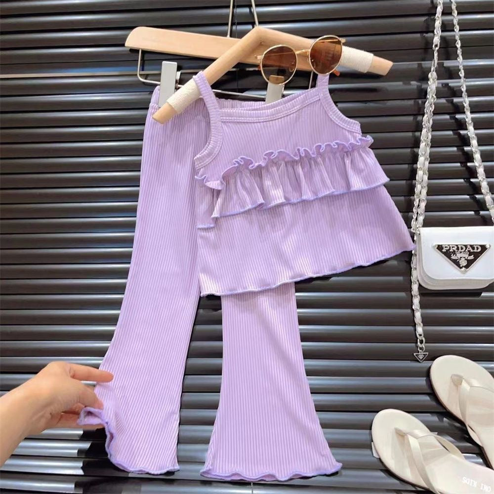 Girls Ice Silk Suspender & Flare Pants Set - Summer Two-Piece Outfit