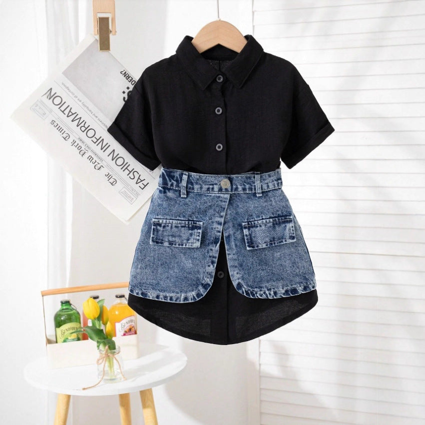 Girls Western Fashion Shirt Set - Short-Sleeve Denim Waist Skirt Outfit