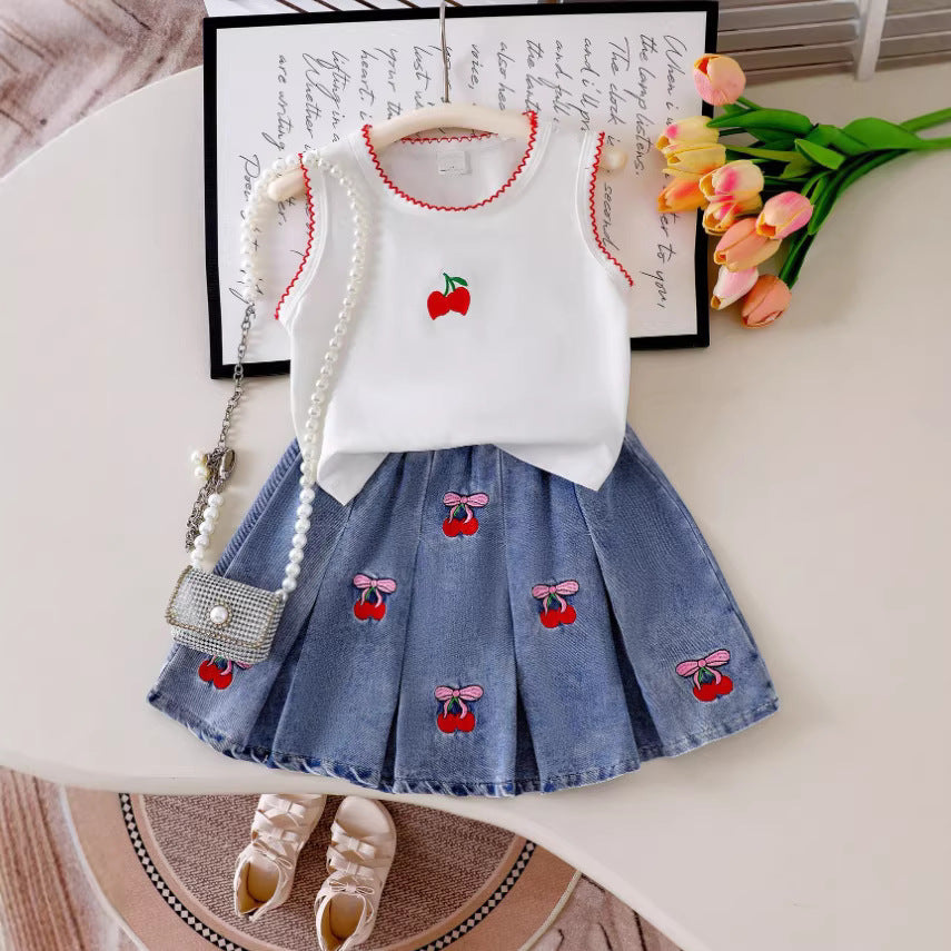 Girls Dogtooth Sleeveless Top - Cherry Embroidered Pleated Denim Skirt Set