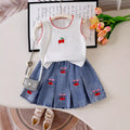 Girls Dogtooth Sleeveless Top - Cherry Embroidered Pleated Denim Skirt Set