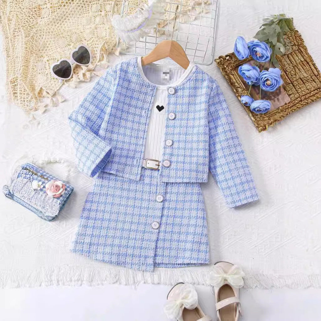 Girls Western Style "Small Fragrant" Plaid Set - Long-Sleeve Jacket, Vest Dress & Belt