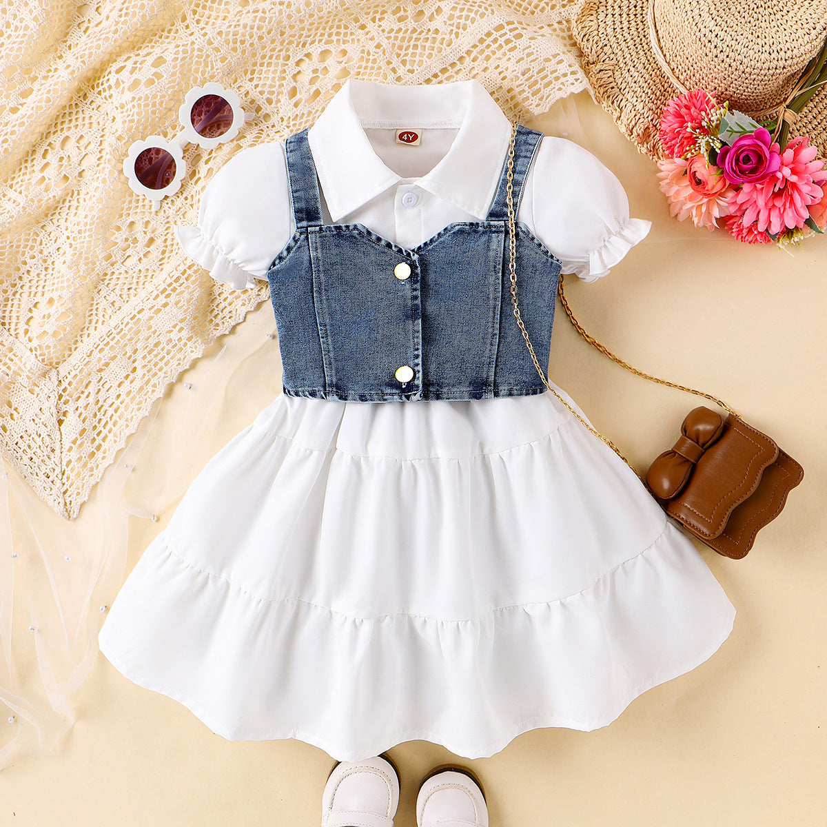 Girls Western Style Bubble Sleeve Dress - Trendy Denim Suspender Two-Piece Set