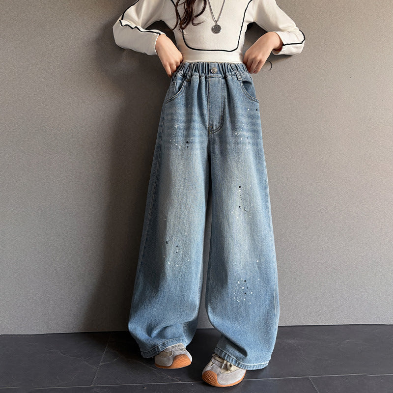 The Artisan Echo | Girls' Printed Floor-Length Wide-Leg Jeans