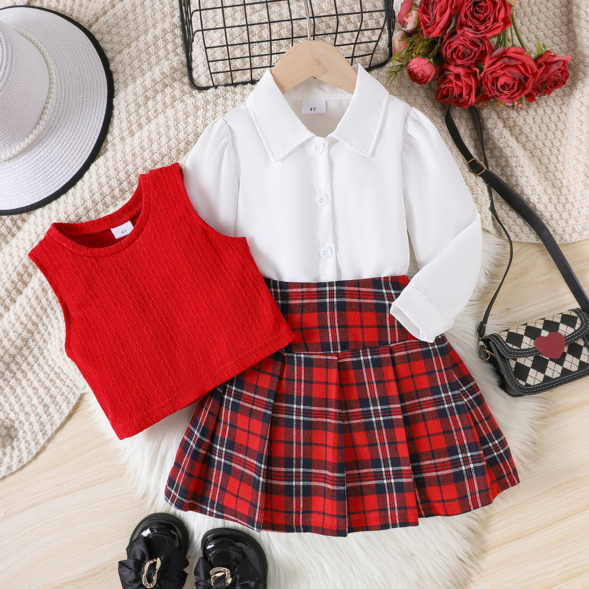 Girls Christmas Plaid 3-Piece Set - Knitted Vest & Shirt Outfit