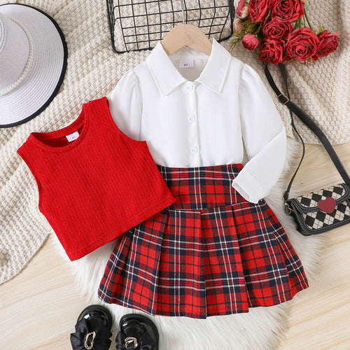 Girls Christmas Plaid 3-Piece Set - Knitted Vest & Shirt Outfit