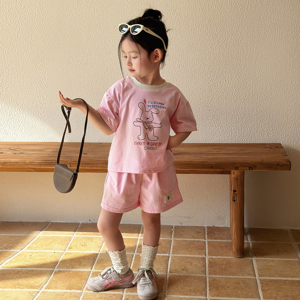 Girls Korean Style Short-Sleeve - Breathable Summer Fashion Shorts Set