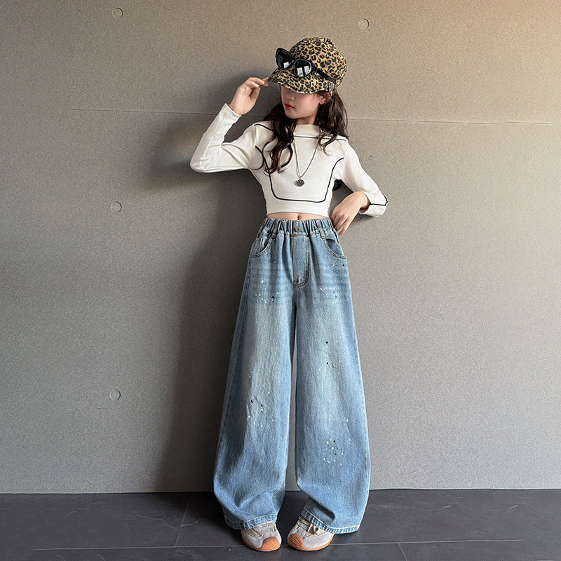 The Artisan Echo | Girls' Printed Floor-Length Wide-Leg Jeans