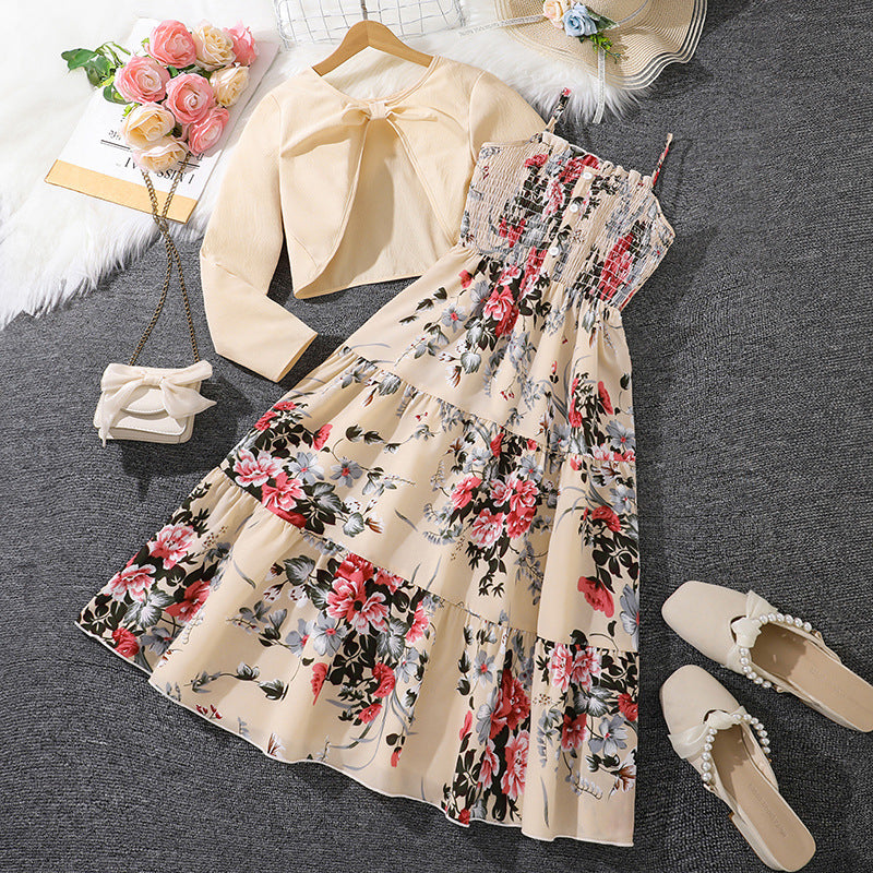 Girls Floral Suspender Dress with Long Sleeve Jacket | Spring Two Piece Set