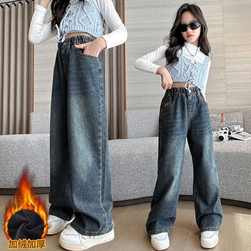 The Velour Voyager | Girls' Wide-Leg Velvet Denim Trousers