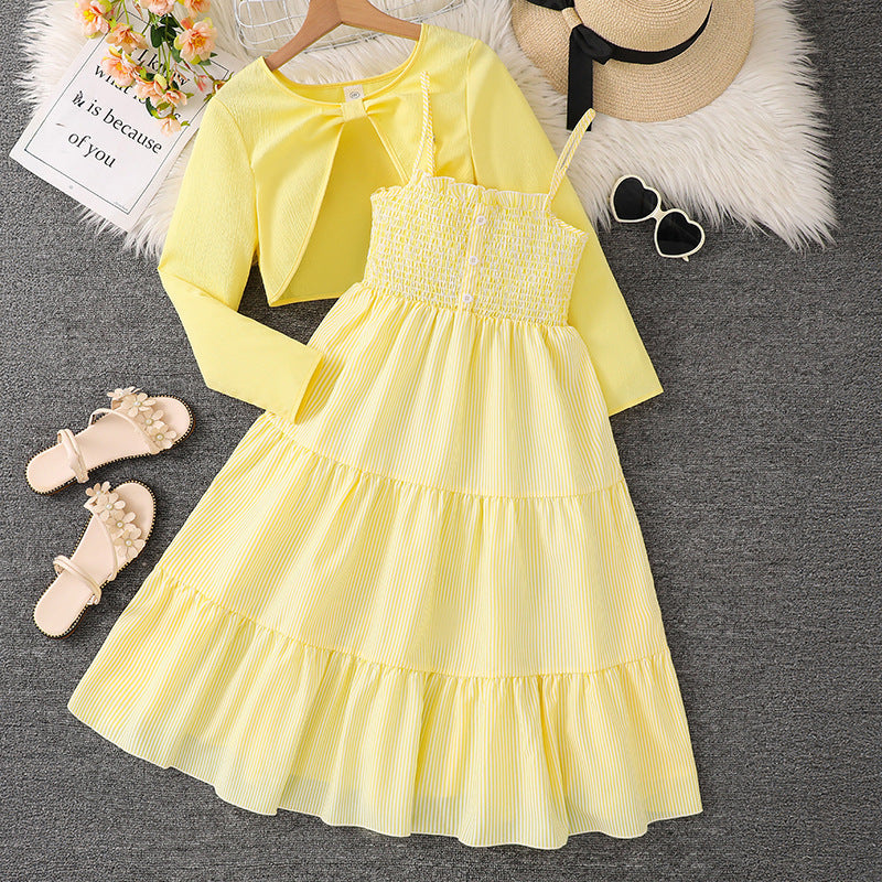 Girls Sweet Suspender Dress with Long Sleeve Jacket | Spring Two Piece Set