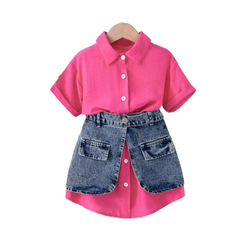 Girls Western Fashion Shirt Set - Short-Sleeve Denim Waist Skirt Outfit