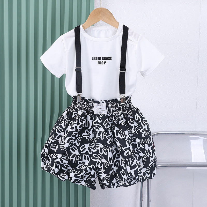 The Urban-Luxe | Girls’ "Letter-Link" Letter Print Strap Shorts Set