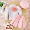 Girls Western Style Bubble Sleeve Turtleneck - Pleated Skirt & Bow Hat 3-Piece Set