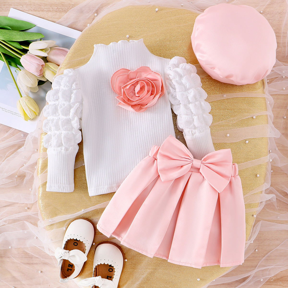 Girls Western Style Bubble Sleeve Turtleneck - Pleated Skirt & Bow Hat 3-Piece Set