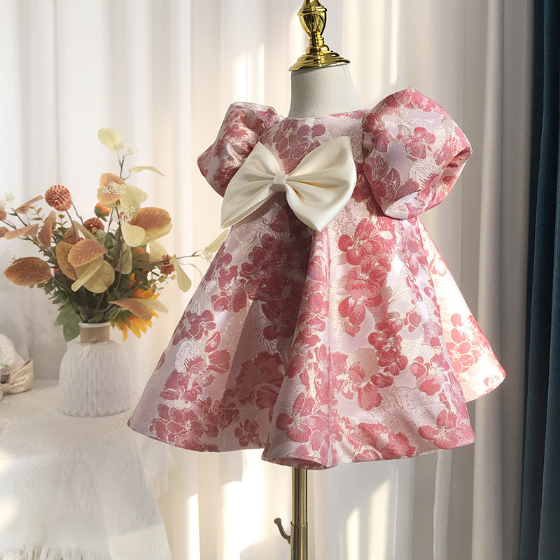 The Portrait Muse | Bubble-Sleeve Printed Satin Princess Dress