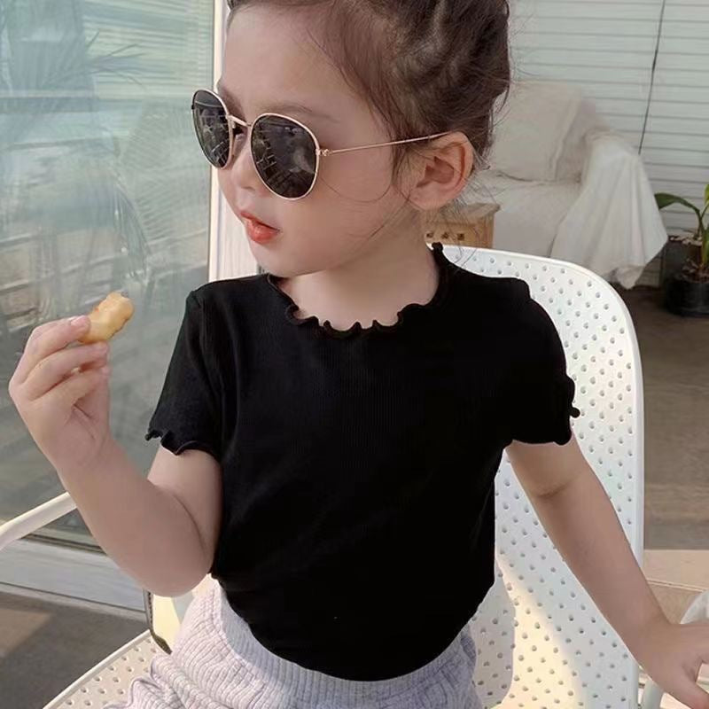 Girls Ice Silk Short Sleeve T-Shirt - Cute Embroidered Summer Lettuce Edge Top
