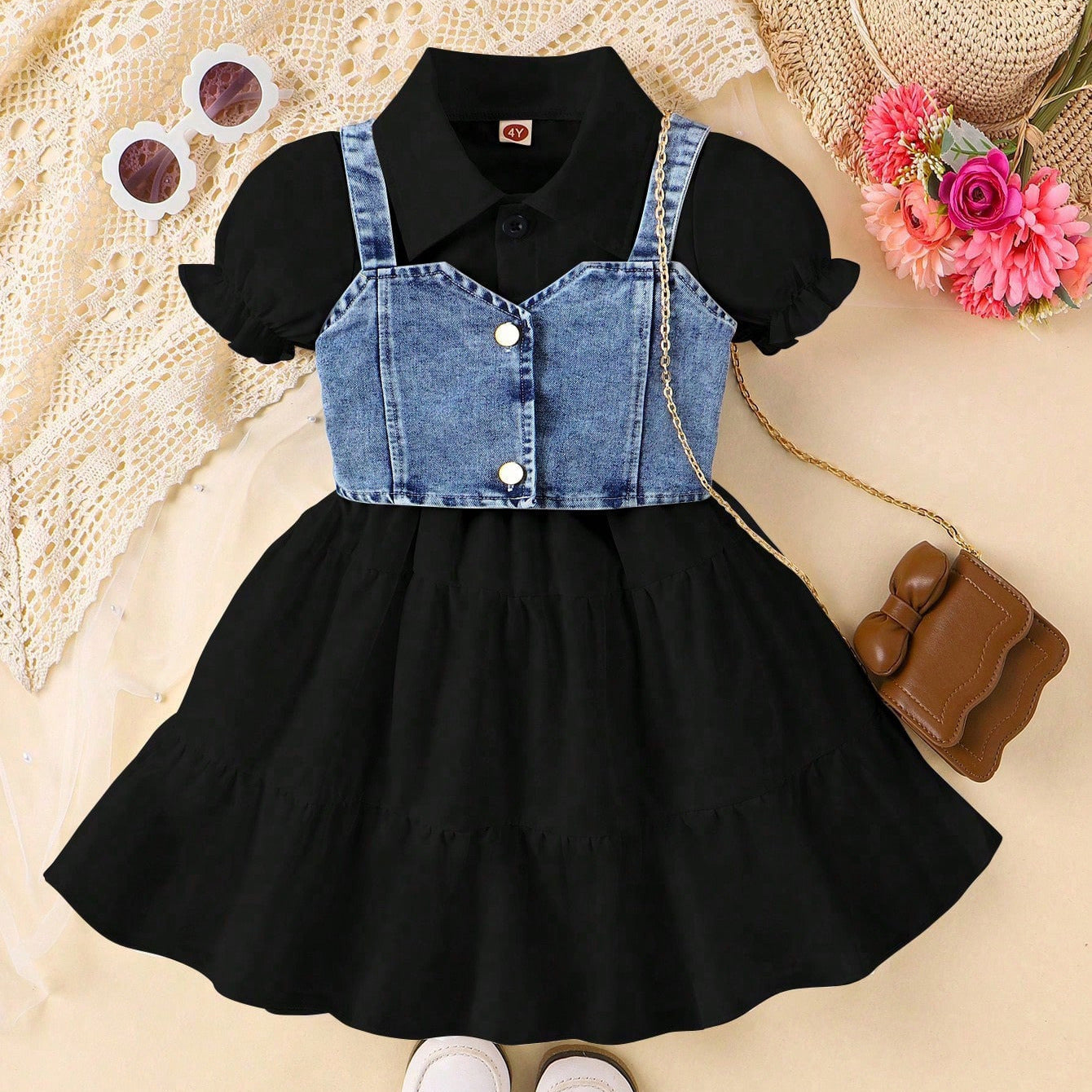 Girls Western Style Bubble Sleeve Dress - Trendy Denim Suspender Two-Piece Set
