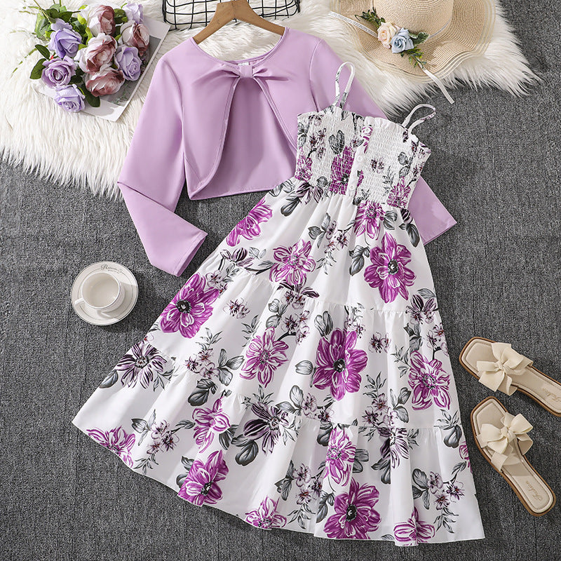 Meadow Charm | Girls Floral Strap Dress & Long-Sleeve Jacket Set