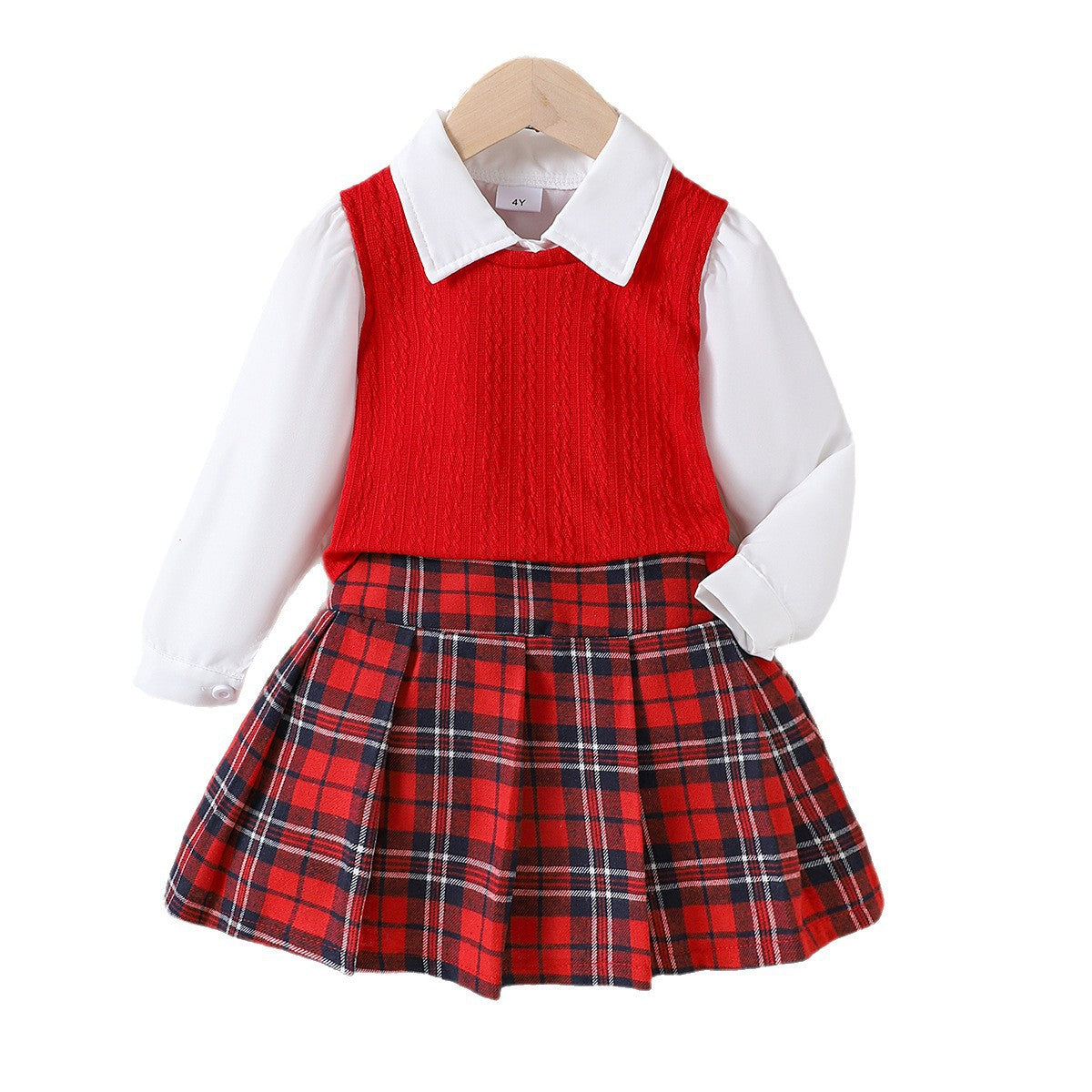 Girls Christmas Plaid 3-Piece Set - Knitted Vest & Shirt Outfit