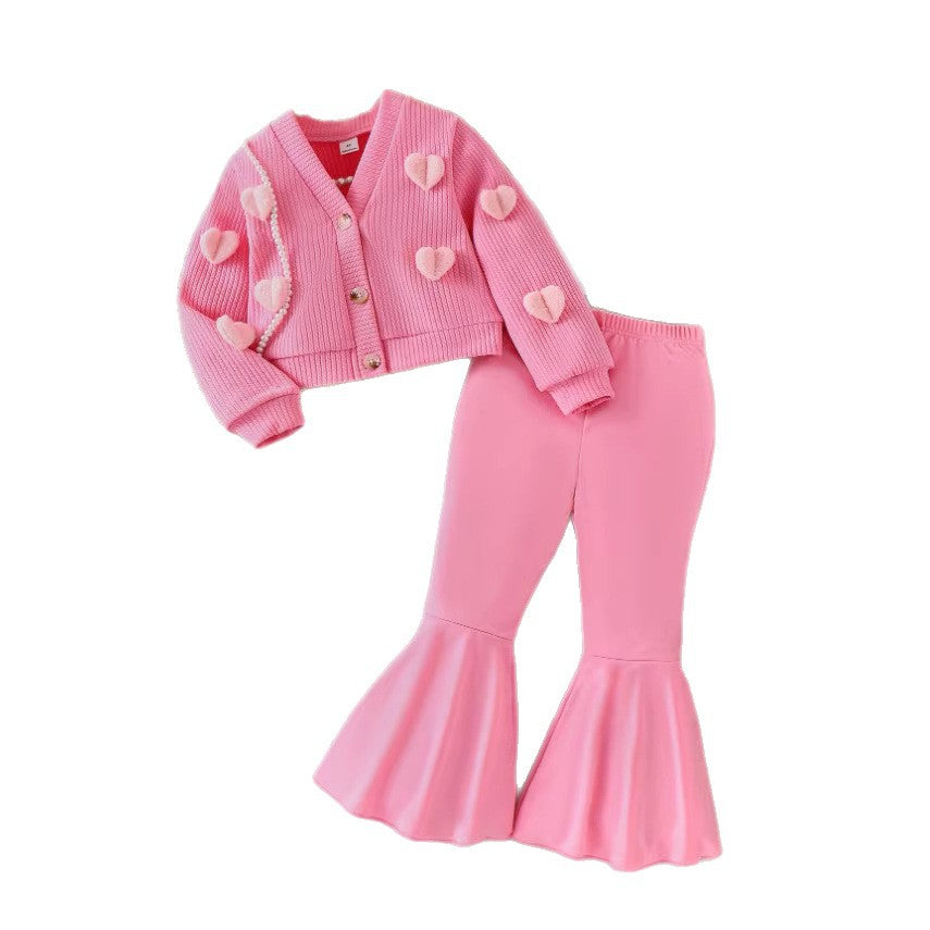 Girls Western Flower Knit Set - 3-Piece Bell Bottom Outfit