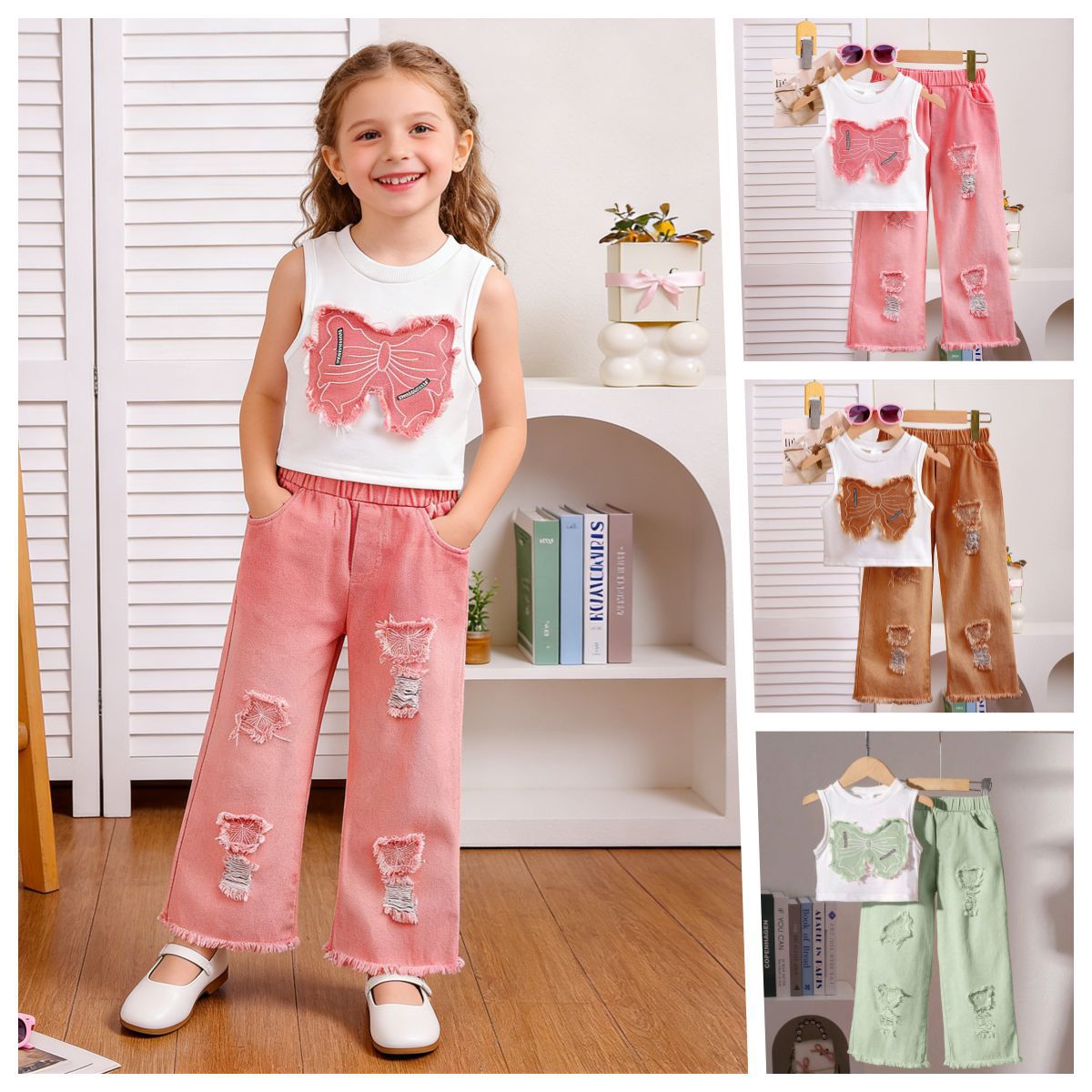 Urban Pixie | Girls Sleeveless Bow Top & Ripped Denim Jeans Set