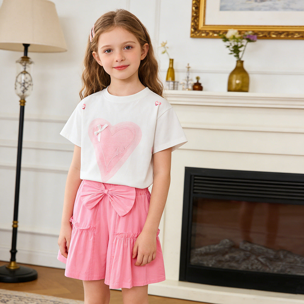 The Meadow Blossom | Girls' Pure Cotton Short-Sleeve Bow Culottes Summer Two-Piece Suit