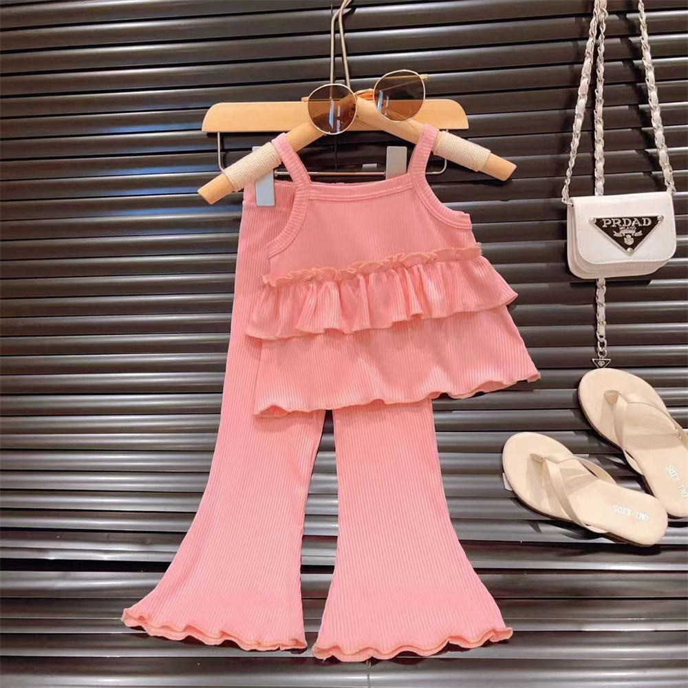 Girls Ice Silk Suspender & Flare Pants Set - Summer Two-Piece Outfit
