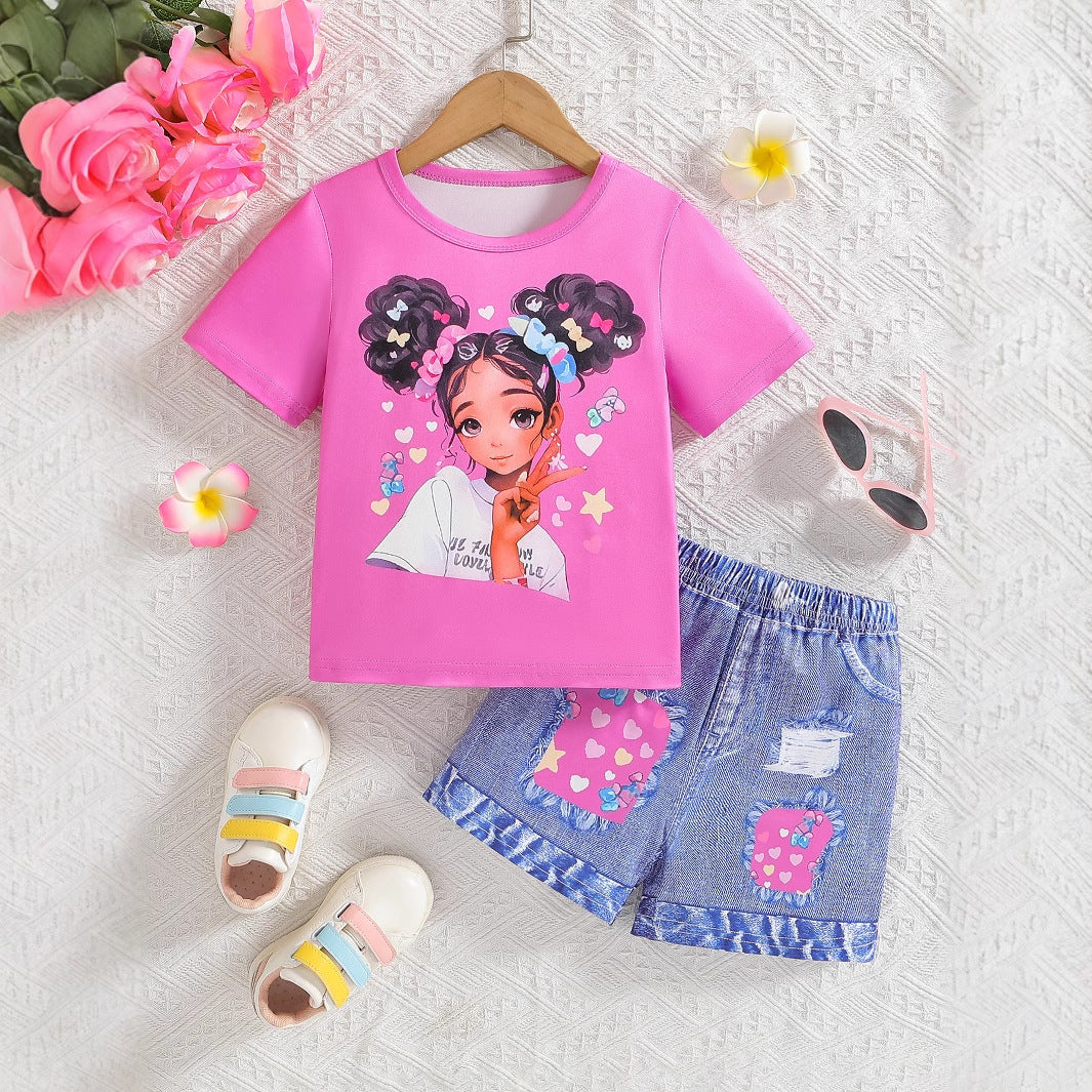 The Denim Darling | Infant & Toddler Girls’ Cartoon Avatar & Printed Jeans Set