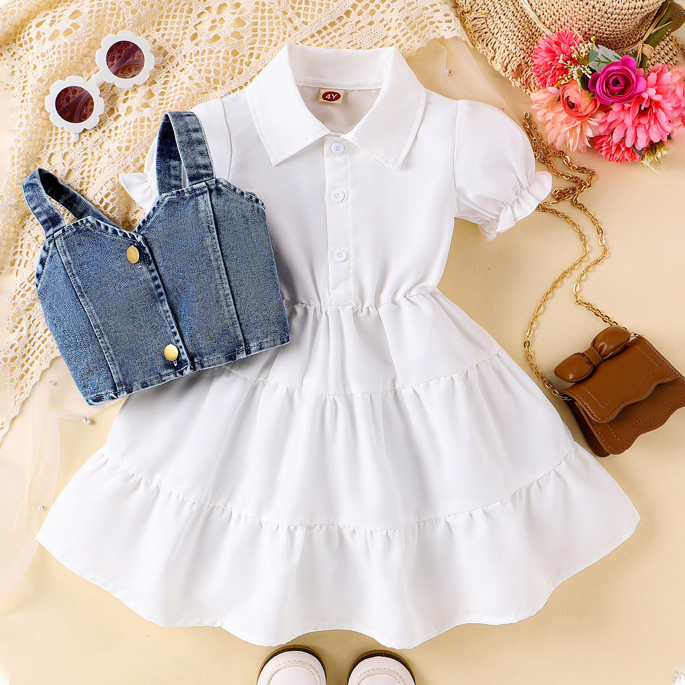 Girls Western Style Bubble Sleeve Dress - Trendy Denim Suspender Two-Piece Set