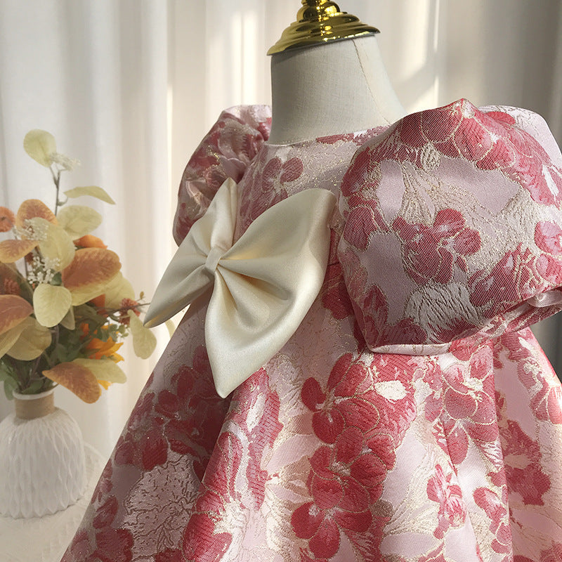 The Portrait Muse | Bubble-Sleeve Printed Satin Princess Dress