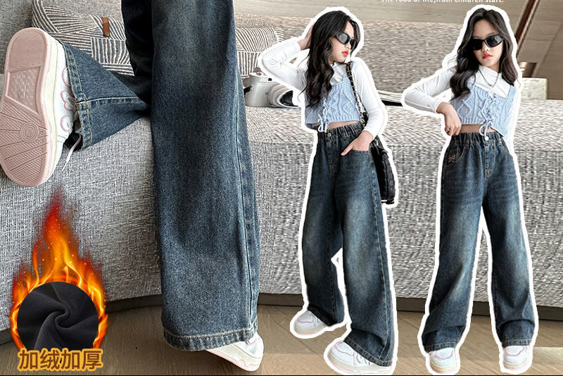 The Velour Voyager | Girls' Wide-Leg Velvet Denim Trousers