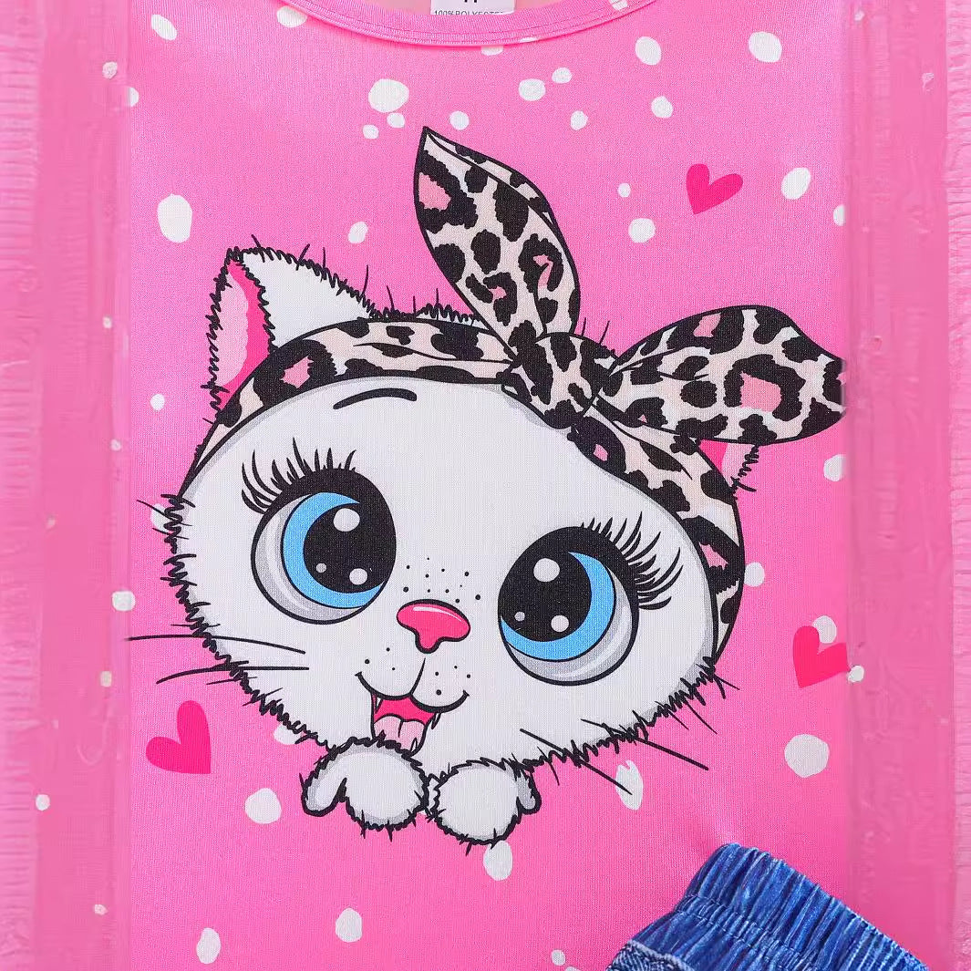 The Purr-fect Companion | Girls’ Big-Eyed Cat Cartoon Tee & Summer Suit