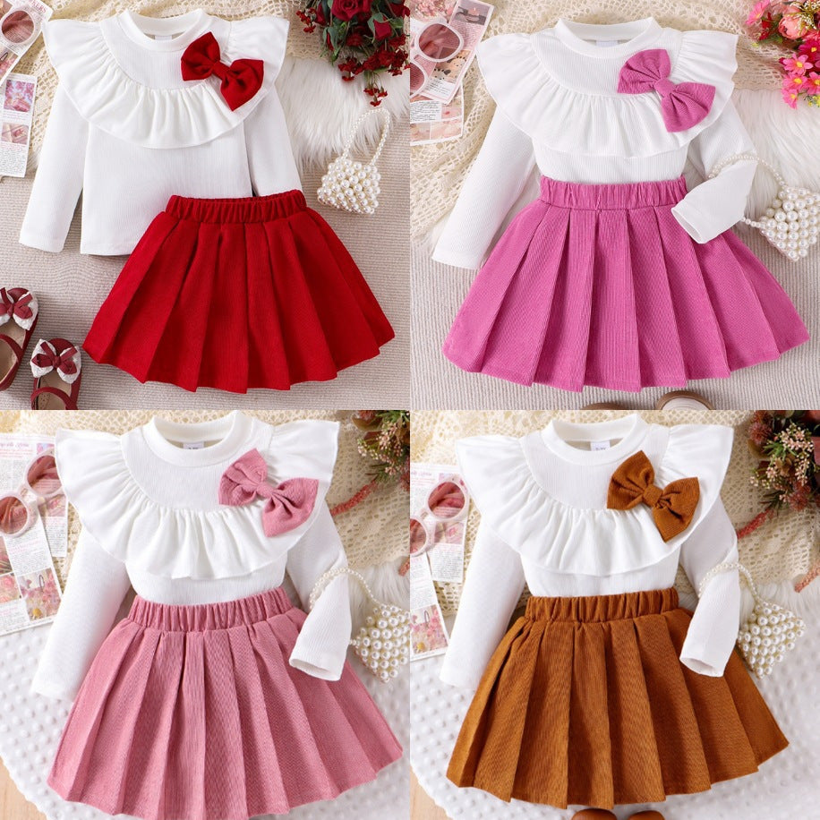 Girls Sweet Bow Ruffle Collar Set - Autumn Fashion Skirt Outfit