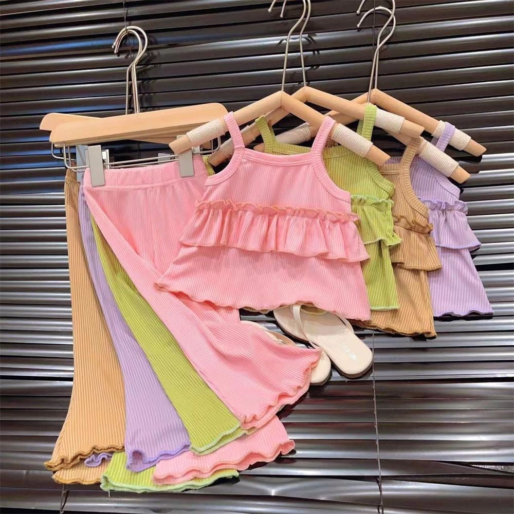 Girls Ice Silk Suspender & Flare Pants Set - Summer Two-Piece Outfit