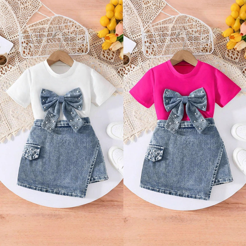 Girls Western Bow Pearl Set - Denim Culotte Fashion Outfit